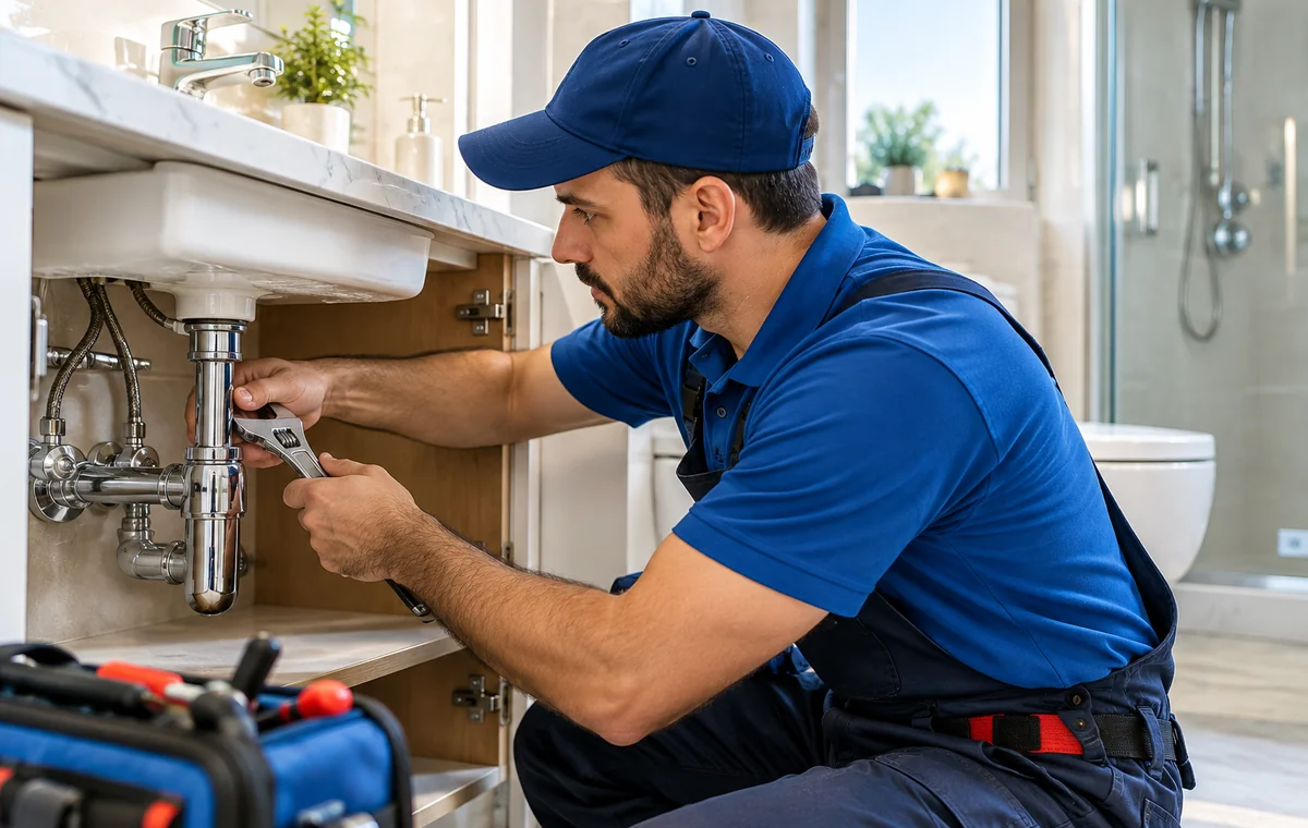 Lavabo altında tesisat onarımı yapan usta